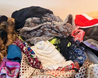 Assorted scarves, knit hats, handbags, women's accessories lot