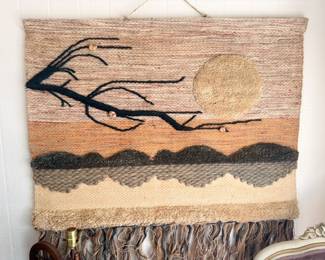 Vintage woven wall hanging tapestry, sunset tree branch design with fringe