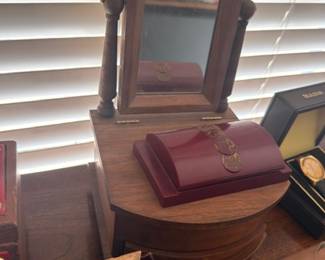 Antique wood shaving vanity mirror with drawer, jewelry box, vintage View-Master reel