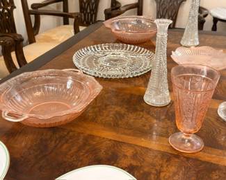 Pink depression glass and clear pressed glass collection, vases bowls compotes