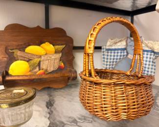 Wicker basket, wooden fruit bowl, country kitchen decor lot