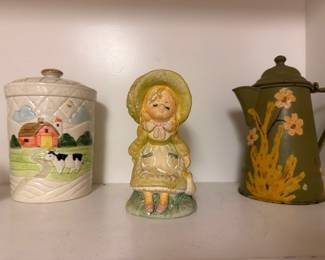 Vintage ceramic cookie jar, girl figurine, green floral coffee pot, kitchen collectibles