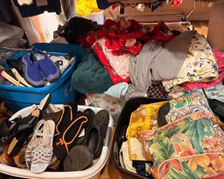 Assorted clothing, shoes, scarves, handbags, accessories lot