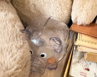 Large plush stuffed bear, clear elephant piggy bank