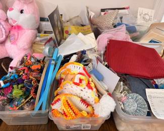 Box lot of stuffed animals, toys, fabric, and assorted household items