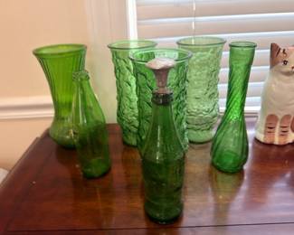 Vintage green glass vase collection, assorted sizes and styles