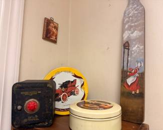 Vintage cast iron toy safe bank, decorative plate, tin canister, collectibles
