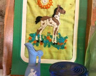 Vintage punch needle embroidery pony art, jasperware pitcher, cobalt blue glass