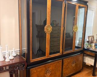 Chinoiserie black lacquer china cabinet hutch with glass doors, gold accents