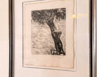 Framed black and white etching print, matted in dark frame