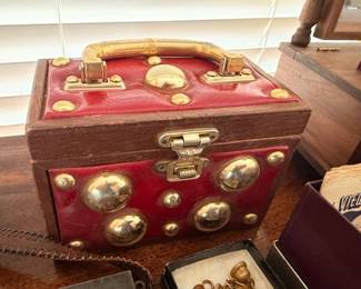 Vintage red leather box purse with brass studs and handle, mid-century