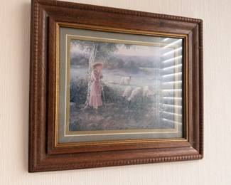 Framed Victorian-style print, girl in pink dress landscape scene, ornate wood frame