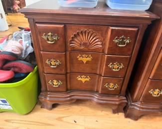 Cherry wood jewelry chest with carved shell motif, brass pulls, miniature armoire