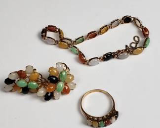 Vintage 14k yellow gold and multicolored jadeite set bracelet ring and clip on earrings