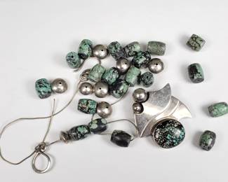 Anne Forbes signed silver and turquoise abstract pendant necklace. Chain is broken