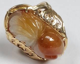 Vintage Ming's 14k gold and carved orange & white jadeite stone ring