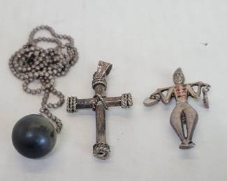 Sterling silver cross, silver brooch and terling silver beaded necklace with sphere pendant.