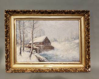  Antique signed "Old mill in the snow" oil on canvas