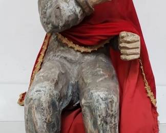 Vintage wood and chalk religious statue with velvet cape