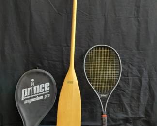 Bundle of canoe paddle, tennis racket & baseball