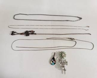 Sterling silver necklaces, pin, and pendant