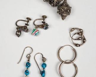 Silver earrings – 1 pair turquoise dangle, 1 pair screw-backs (one stone missing), hoops, dangle clip-ons. Clips are not silver