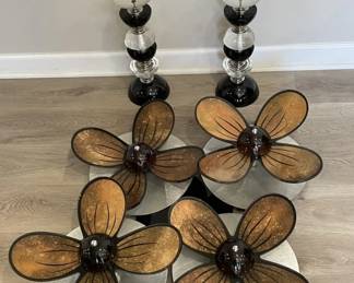 Shlomi Haziza of H. Studio metal and acrylic contemporary flower wall sculpture and pair of candleholders