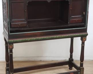  Antique Spanish-style mahogany hand-carved and hand-painted drop front desk.