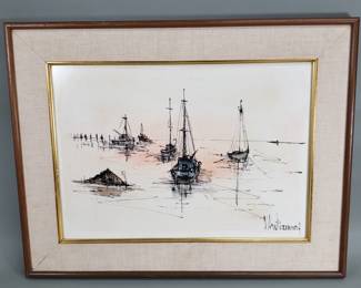 Signed ink and watercolor painting