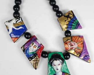 Judy Hurley handcrafted Japanese figures and fans on black bead necklace. 