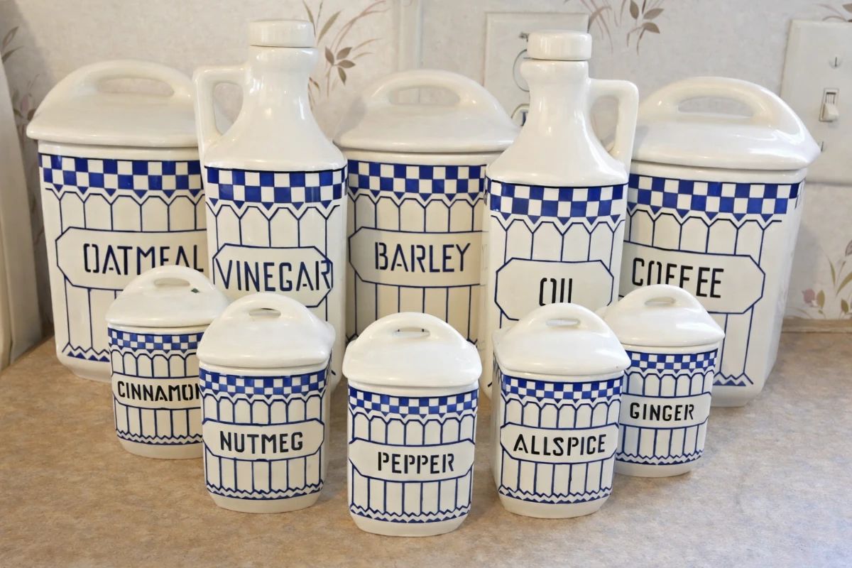 Home > Price Guide > Ceramics Antique 13 Pc. Czechoslovakia Adele Porcelain Canister Spice Set White & Blue