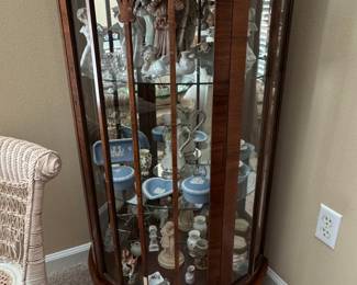 Vintage Mahogany Corner Curio Cabinet with Curved Glass Doors