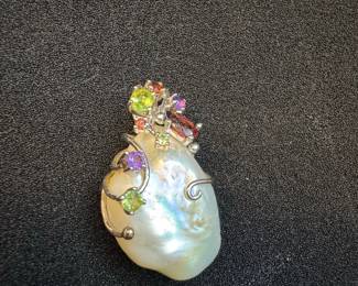 Baroque Pearl and Multi-Gem Sterling Silver Wire-Wrapped Pendant