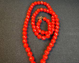 Red Faceted Glass Bead Necklace with Locket Clasp