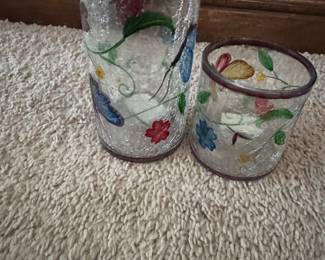 Set of 2 Hand-Painted Crackle Glass Votive Holders with Butterflies and Floral Motif