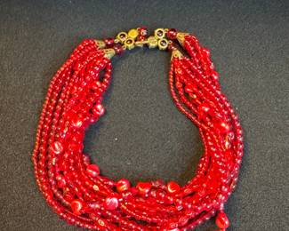 Multi-Strand Red Glass Bead Necklace with Ornate Clasp