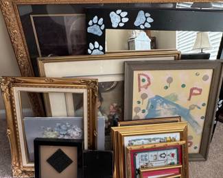 Assorted Framed Art Collection with Cross-Stitch and Paw Print Mirror