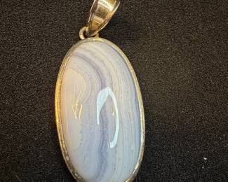 Oval Blue Lace Agate Pendant in Silver Setting