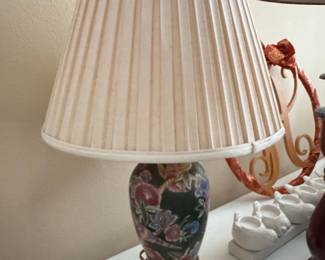 Chinoiserie Porcelain Floral Table Lamp with Pleated Shade
