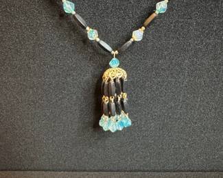 Vintage Hematite, Aqua Glass, and Gold-Tone Tassel Necklace