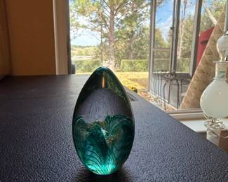 Art Glass Egg Paperweight with Internal Swirls and Gold Flecks
