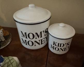 Enamelware "Mom's Money" and "Kid's Money" Canisters