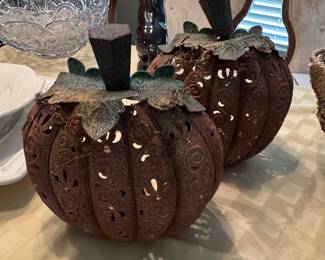 Set of 2 Glittery Metal Pumpkin Luminaries with Filigree Design