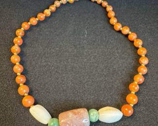 Orange Carnelian and Mixed Stone "Beggar Bead" Necklace