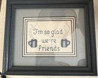 Framed Cross-Stitch "I'm so glad we're friends" with Mugs