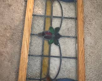 Vintage Stained Glass Window Panel with Oak Frame