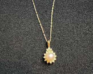 14K Gold Pearl and Diamond Sunburst Pendant Necklace
