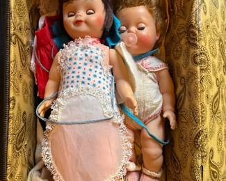 Vintage Composition Dolls in Suitcase with Outfits