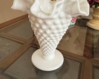 Fenton White Hobnail Milk Glass Vase with Ruffled Rim