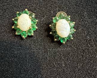 10k Gold Opal and Emerald Flower Earrings